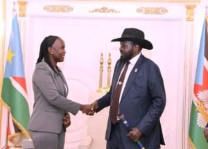 President Kiir Urges Trade Ministry to Boost Investment and Address Economic Challenges 1 President Salva Kiir shaking hands with Trade Minister Atong Kuol Manyang after endorsing the National Trade Forum outcomes